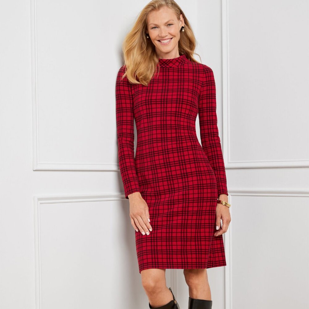 Windowpane Plaid Mockneck Dress